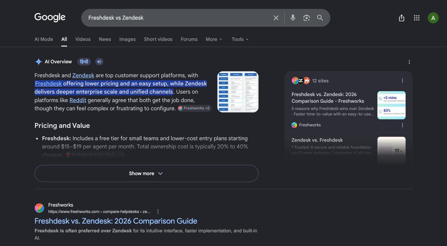 Google results for Freshdesk vs Zendesk, showing an AI Overview citing Freshworks' own comparison guide above organic results led by Freshworks and Zendesk