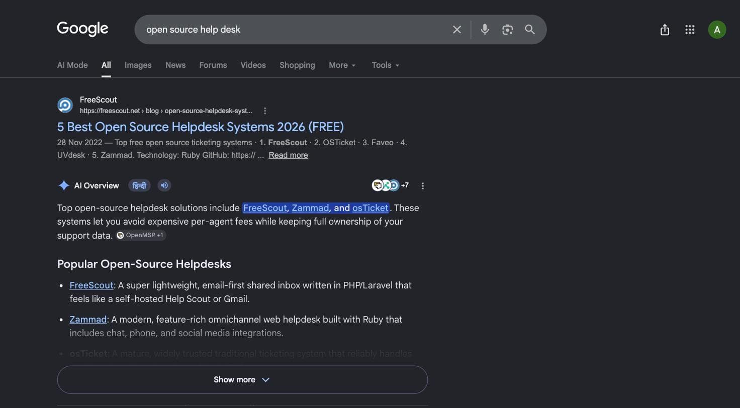 Google results for open source help desk, showing FreeScout's own blog ranked first with a 2022 date and a 2026 title